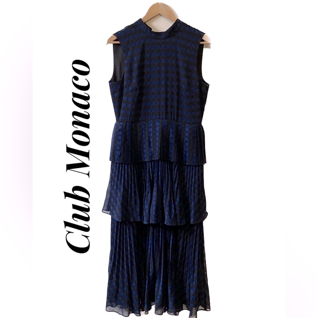 Club Monaco | Dresses | Club Monaco Women Tiered Pleated Dress Blackblue  Check | Poshmark